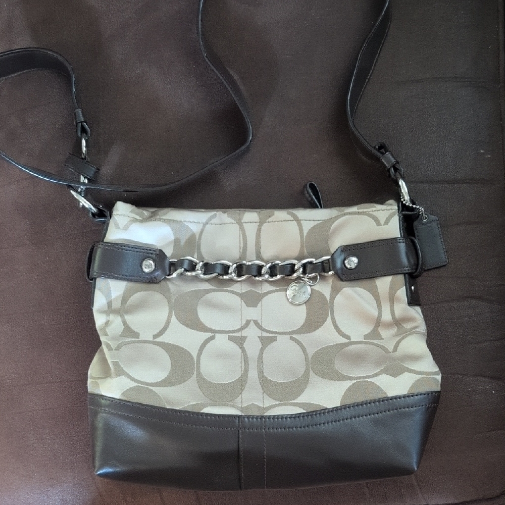 Coach Tan and Brown Signature Shoulder Bag